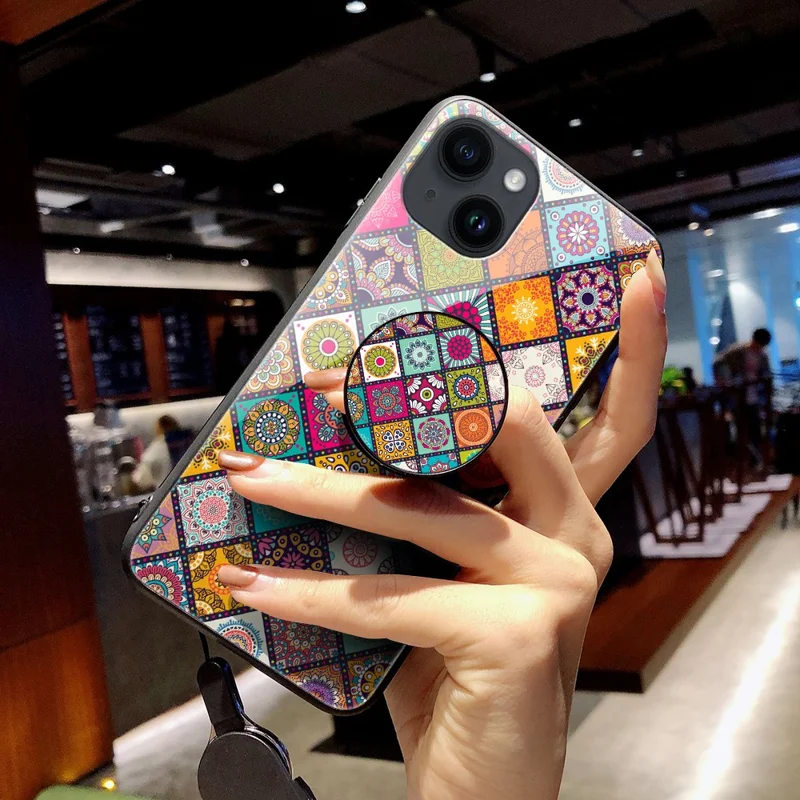 For iPhone 15 Tempered Glass+PC+TPU Case Flower Pattern Phone Kickstand Cover with Lanyard - Color Pattern