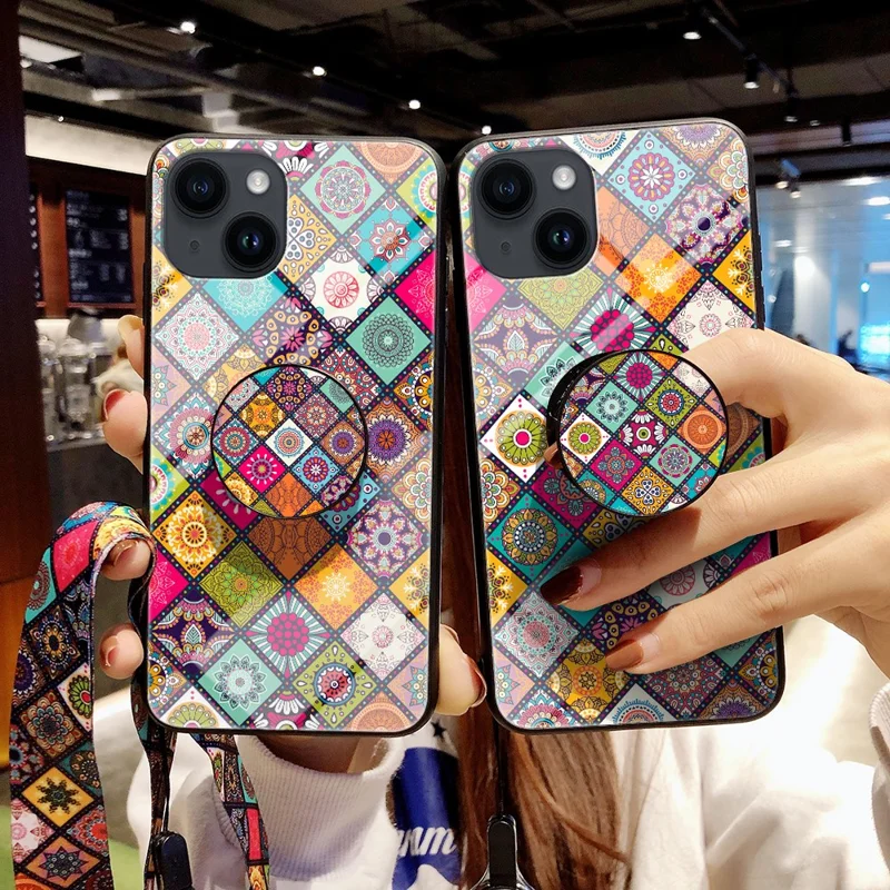 For iPhone 15 Tempered Glass+PC+TPU Case Flower Pattern Phone Kickstand Cover with Lanyard - Color Pattern