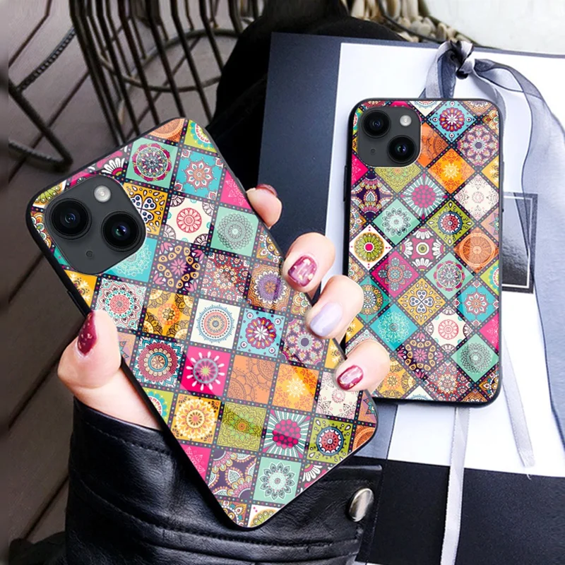 For iPhone 15 Tempered Glass+PC+TPU Case Flower Pattern Phone Kickstand Cover with Lanyard - Color Pattern