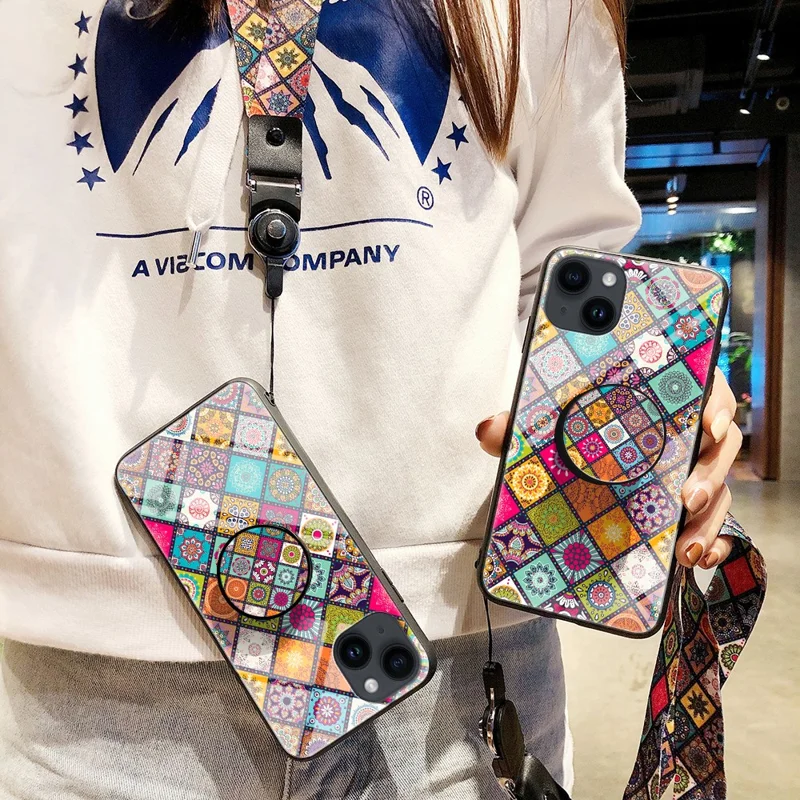 For iPhone 15 Tempered Glass+PC+TPU Case Flower Pattern Phone Kickstand Cover with Lanyard - Color Pattern