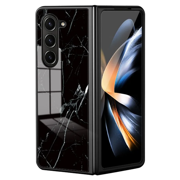 For Samsung Galaxy Z Fold5 5G Tempered Glass Marble Pattern Cover PC+TPU Protective Phone Case - Black Marble