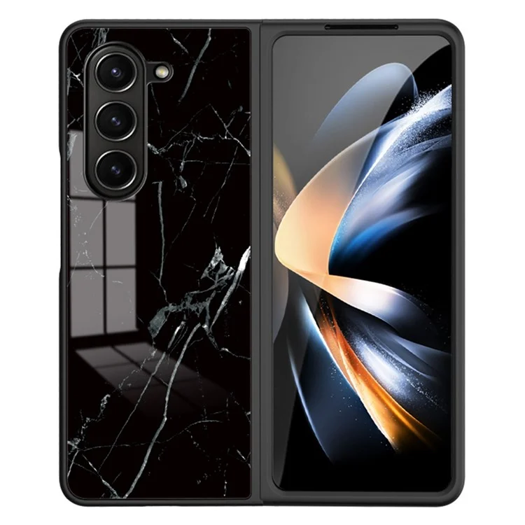 For Samsung Galaxy Z Fold5 5G Tempered Glass Marble Pattern Cover PC+TPU Protective Phone Case - Black Marble