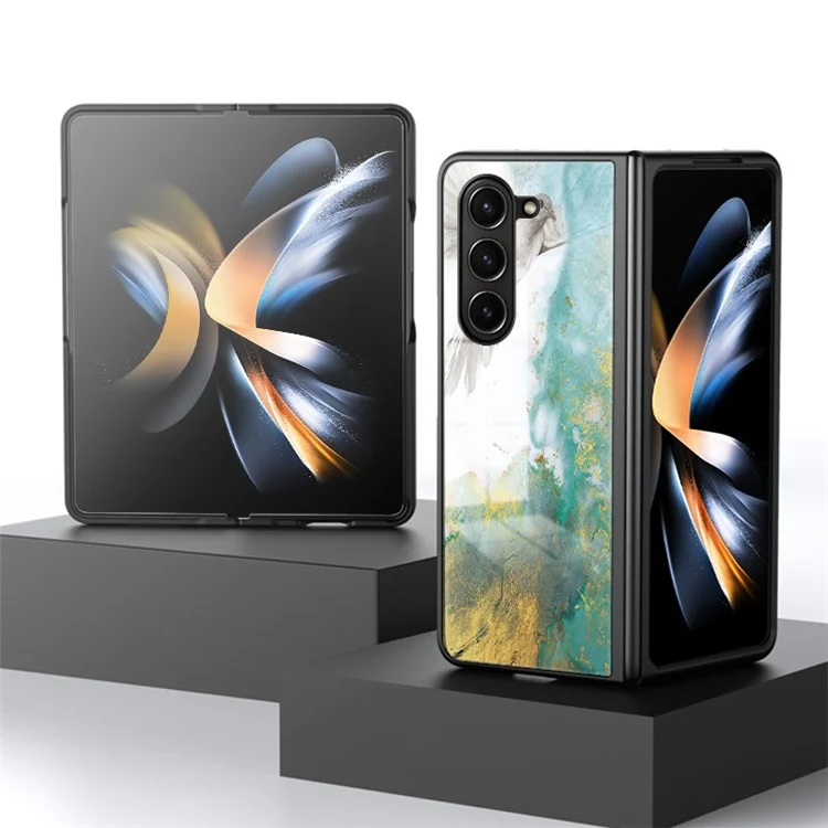 For Samsung Galaxy Z Fold5 5G Tempered Glass Marble Pattern Cover PC+TPU Protective Phone Case - Black Marble