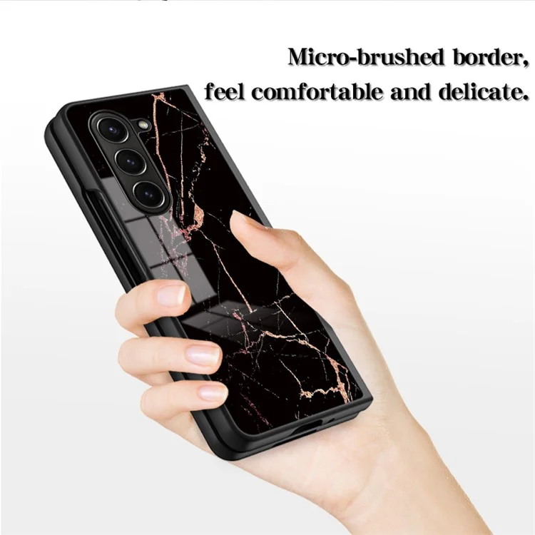 For Samsung Galaxy Z Fold5 5G Tempered Glass Marble Pattern Cover PC+TPU Protective Phone Case - Black Marble
