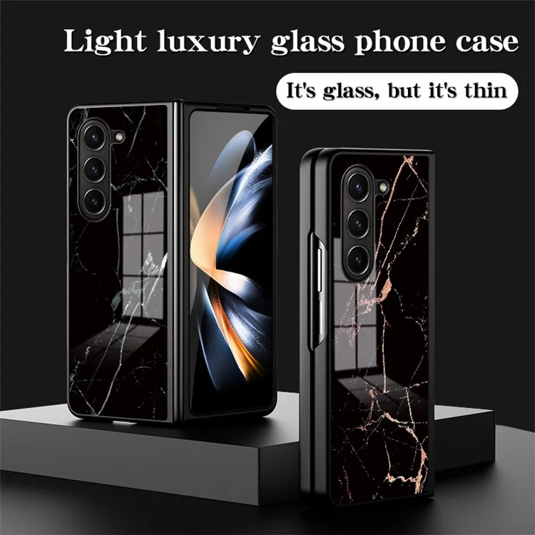 For Samsung Galaxy Z Fold5 5G Tempered Glass Marble Pattern Cover PC+TPU Protective Phone Case - Black Marble
