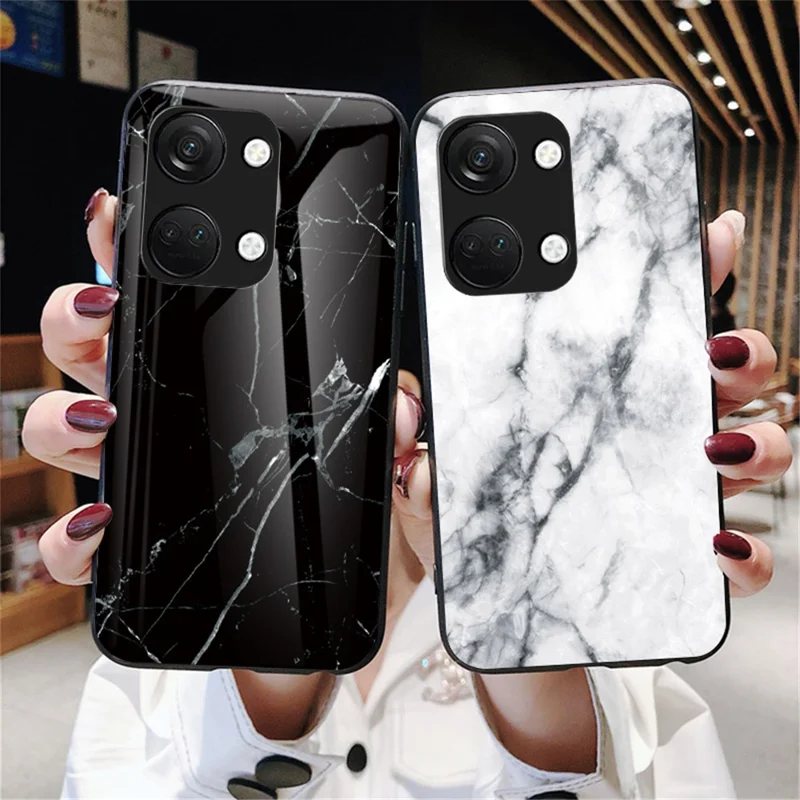 Marble Pattern Back Case for OnePlus Ace 2V / Nord 3 5G , Tempered Glass+PC+TPU Shockproof Phone Cover - Black Marble