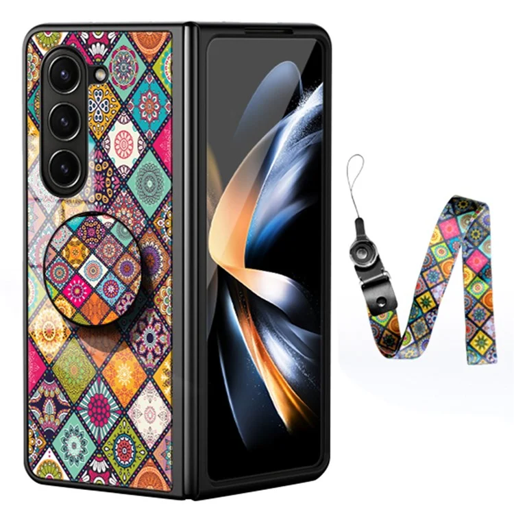For Samsung Galaxy Z Fold5 5G Shockproof Flower Back Cover Tempered Glass+PC+TPU Kickstand Phone Case with Lanyard - Color Pattern