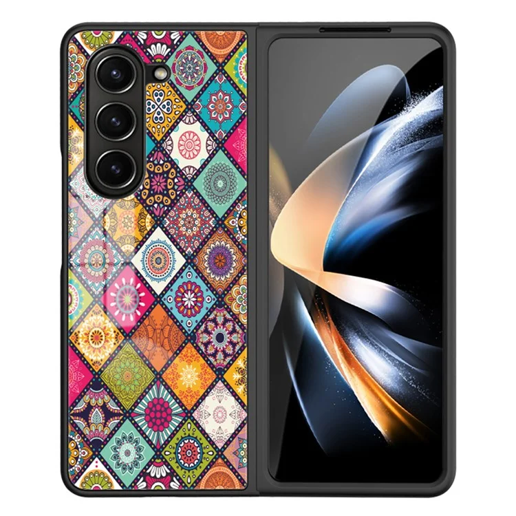 For Samsung Galaxy Z Fold5 5G Shockproof Flower Back Cover Tempered Glass+PC+TPU Kickstand Phone Case with Lanyard - Color Pattern