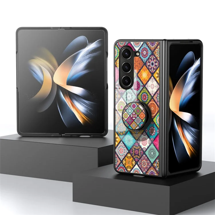 For Samsung Galaxy Z Fold5 5G Shockproof Flower Back Cover Tempered Glass+PC+TPU Kickstand Phone Case with Lanyard - Color Pattern