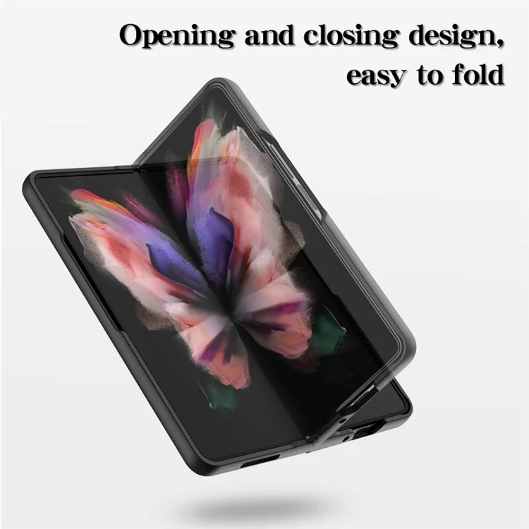For Samsung Galaxy Z Fold5 5G Shockproof Flower Back Cover Tempered Glass+PC+TPU Kickstand Phone Case with Lanyard - Color Pattern
