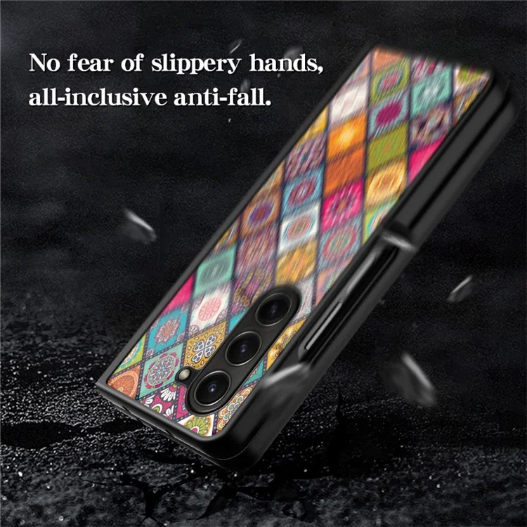For Samsung Galaxy Z Fold5 5G Shockproof Flower Back Cover Tempered Glass+PC+TPU Kickstand Phone Case with Lanyard - Color Pattern