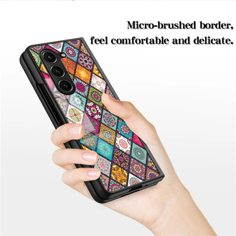 For Samsung Galaxy Z Fold5 5G Shockproof Flower Back Cover Tempered Glass+PC+TPU Kickstand Phone Case with Lanyard - Color Pattern