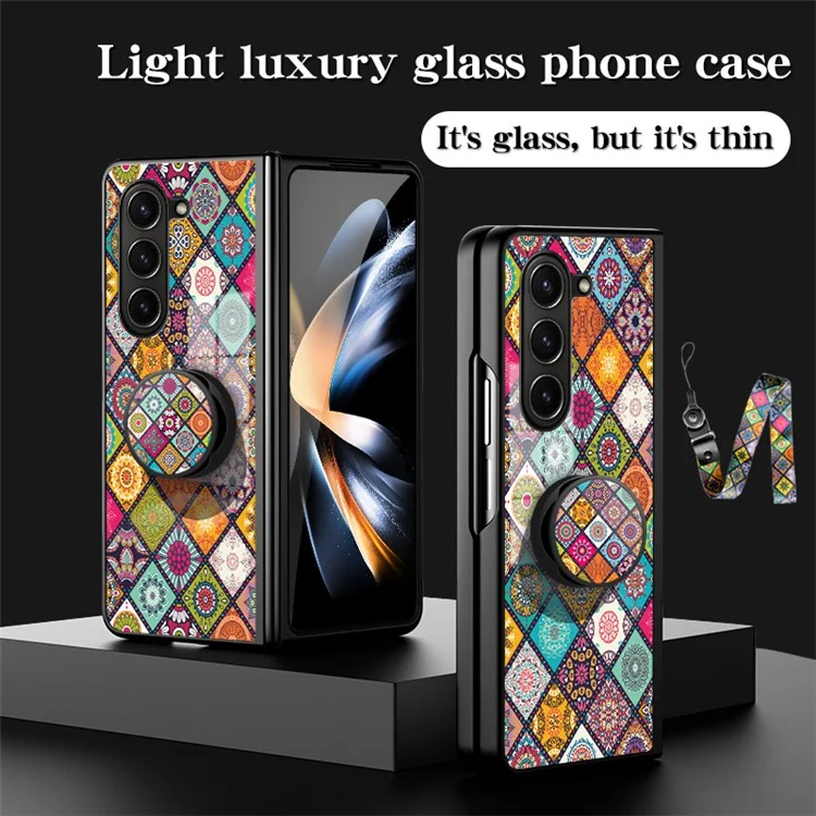 For Samsung Galaxy Z Fold5 5G Shockproof Flower Back Cover Tempered Glass+PC+TPU Kickstand Phone Case with Lanyard - Color Pattern