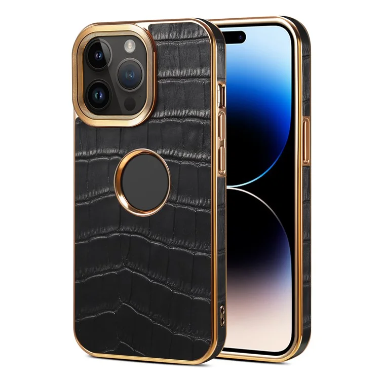 For iPhone 15 Pro Max Genuine Cow Leather Coated Case Shockproof Electroplating TPU+PC Back Cover - Black