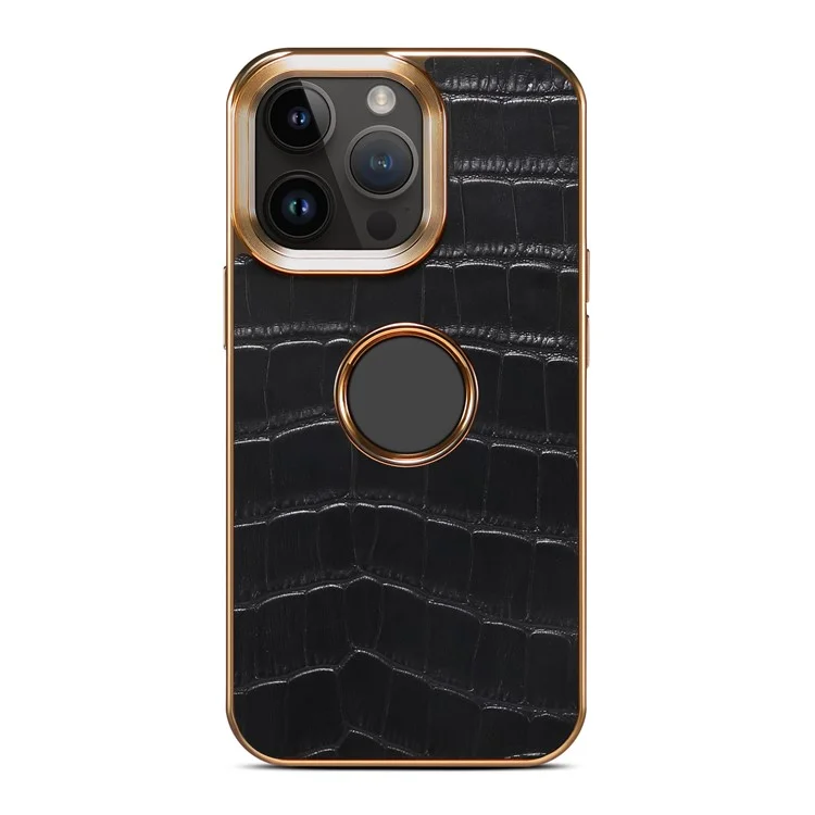For iPhone 15 Pro Max Genuine Cow Leather Coated Case Shockproof Electroplating TPU+PC Back Cover - Black
