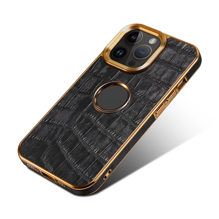 For iPhone 15 Pro Max Genuine Cow Leather Coated Case Shockproof Electroplating TPU+PC Back Cover - Black