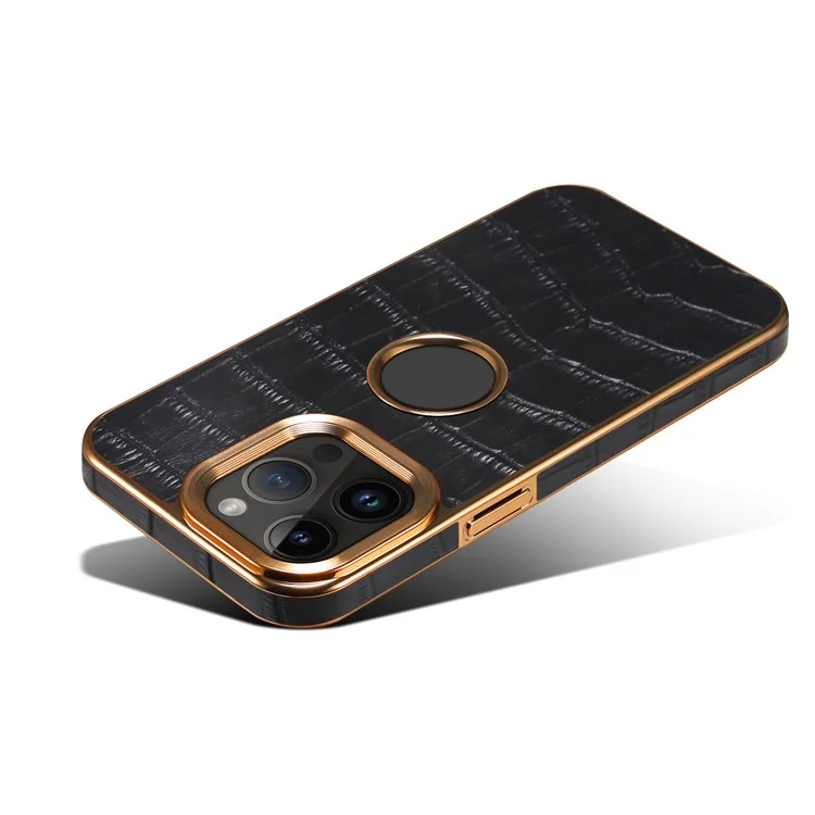 For iPhone 15 Pro Max Genuine Cow Leather Coated Case Shockproof Electroplating TPU+PC Back Cover - Black