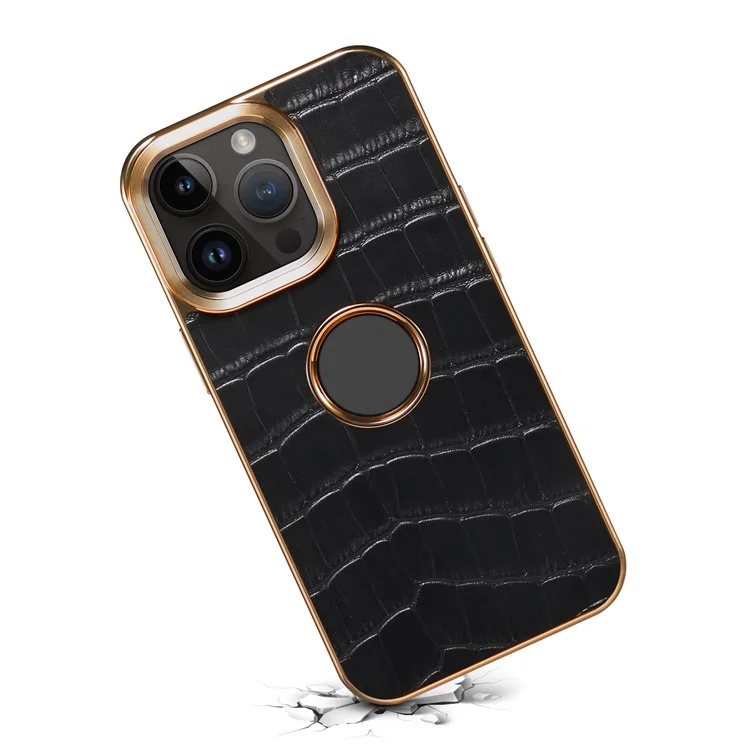 For iPhone 15 Pro Max Genuine Cow Leather Coated Case Shockproof Electroplating TPU+PC Back Cover - Black