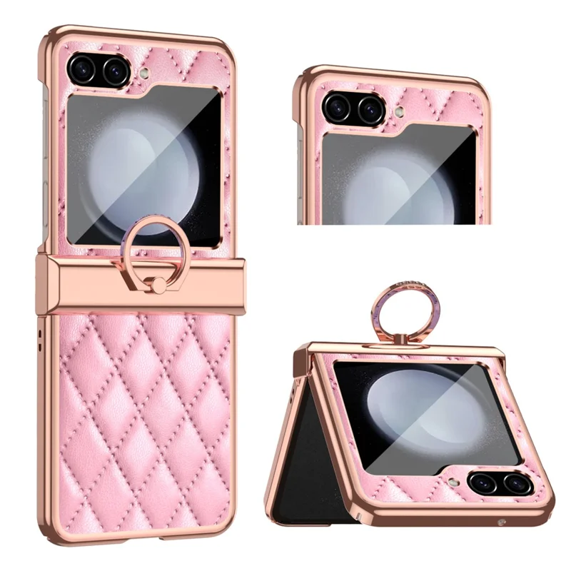 Stitching Line Imprinted Phone Case for Samsung Galaxy Z Flip5 5G PU+PC Kickstand Electroplating Phone Cover - Pink