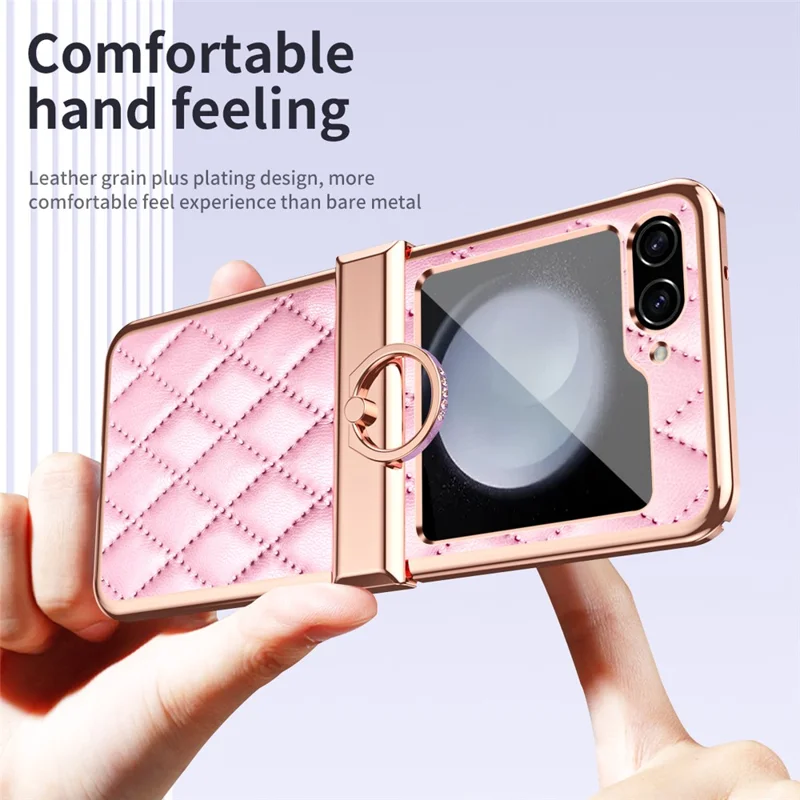 Stitching Line Imprinted Phone Case for Samsung Galaxy Z Flip5 5G PU+PC Kickstand Electroplating Phone Cover - Pink
