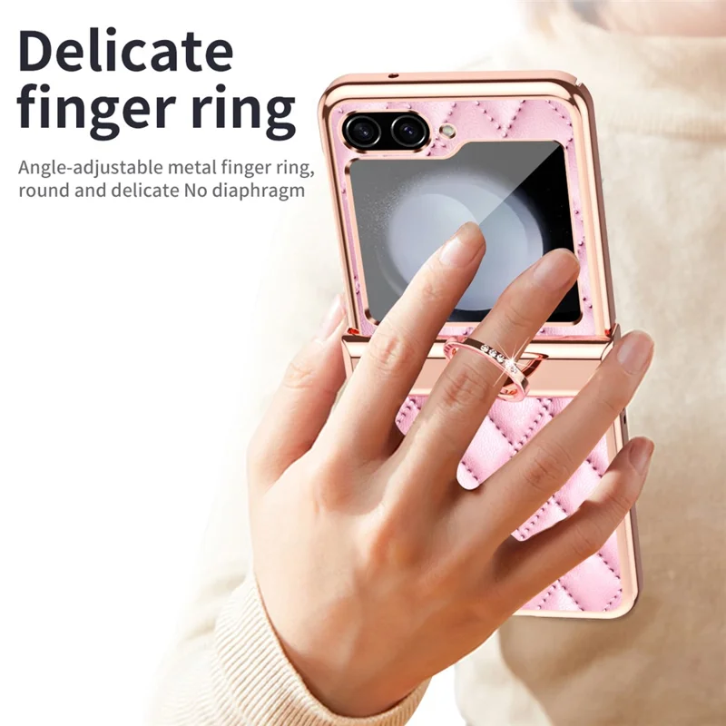 Stitching Line Imprinted Phone Case for Samsung Galaxy Z Flip5 5G PU+PC Kickstand Electroplating Phone Cover - Pink