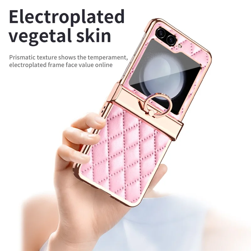 Stitching Line Imprinted Phone Case for Samsung Galaxy Z Flip5 5G PU+PC Kickstand Electroplating Phone Cover - Pink