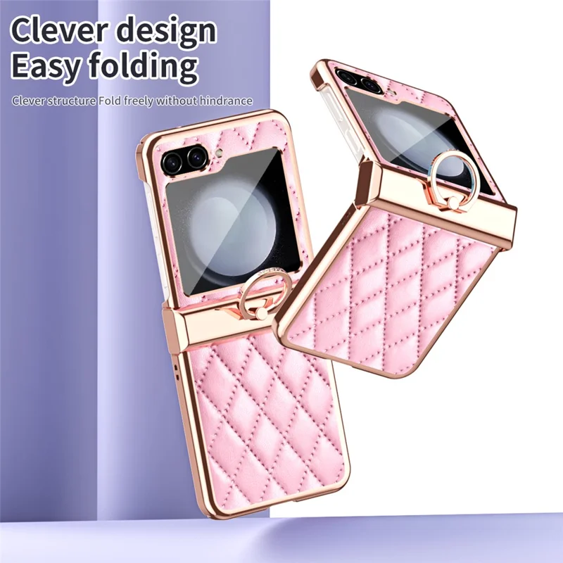 Stitching Line Imprinted Phone Case for Samsung Galaxy Z Flip5 5G PU+PC Kickstand Electroplating Phone Cover - Pink