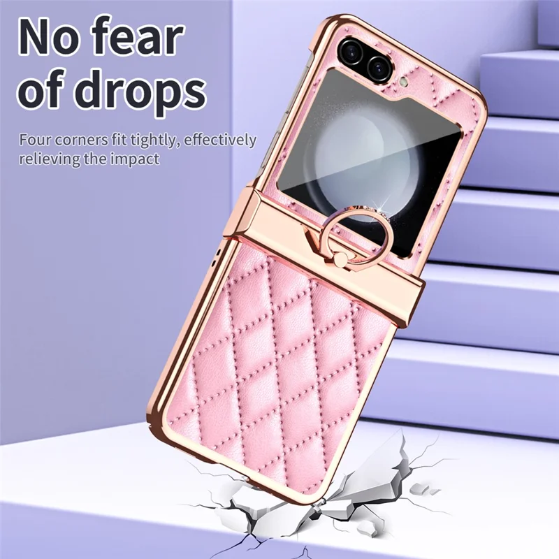 Stitching Line Imprinted Phone Case for Samsung Galaxy Z Flip5 5G PU+PC Kickstand Electroplating Phone Cover - Pink