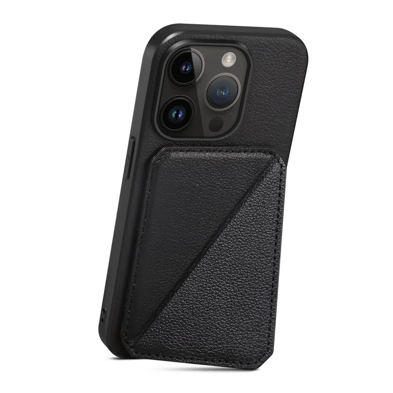 Protective Phone Case for iPhone 15 Pro Card Slot Kickstand Case Calf Texture PU+PC+TPU Phone Cover - Black