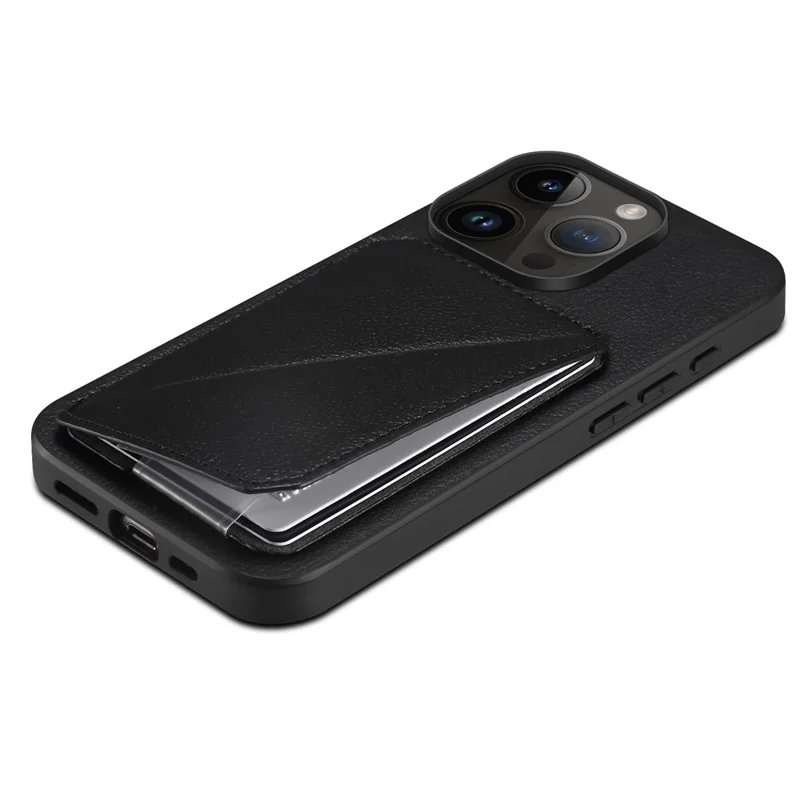 Protective Phone Case for iPhone 15 Pro Card Slot Kickstand Case Calf Texture PU+PC+TPU Phone Cover - Black