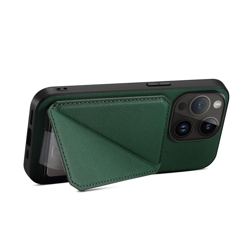 Protective Phone Case for iPhone 15 Pro Card Slot Kickstand Case Calf Texture PU+PC+TPU Phone Cover - Green