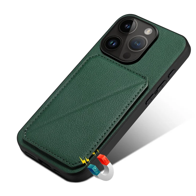 Protective Phone Case for iPhone 15 Pro Card Slot Kickstand Case Calf Texture PU+PC+TPU Phone Cover - Green