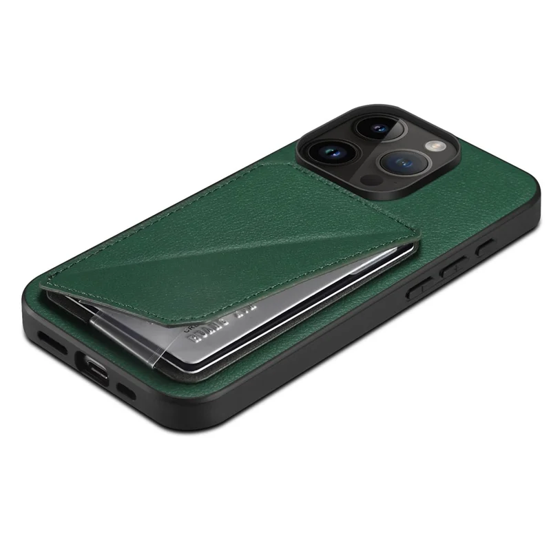 Protective Phone Case for iPhone 15 Pro Card Slot Kickstand Case Calf Texture PU+PC+TPU Phone Cover - Green