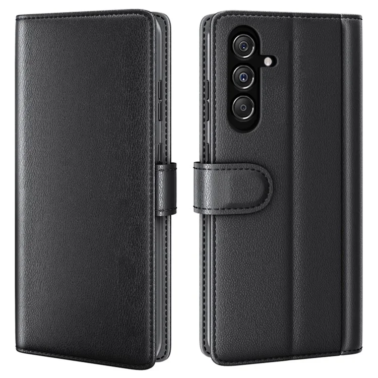 Для Samsung Galaxy F34 5G / M34 5G Genuine Split Leather Cover Wallet Stand Shell Shockproof Phone Case - Чёрный