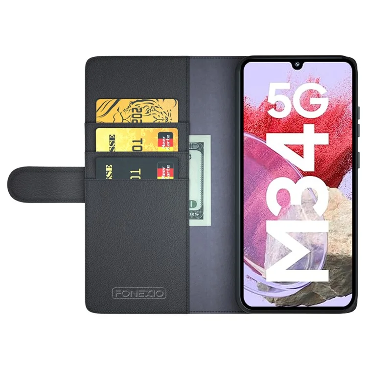 Для Samsung Galaxy F34 5G / M34 5G Genuine Split Leather Cover Wallet Stand Shell Shockproof Phone Case - Чёрный