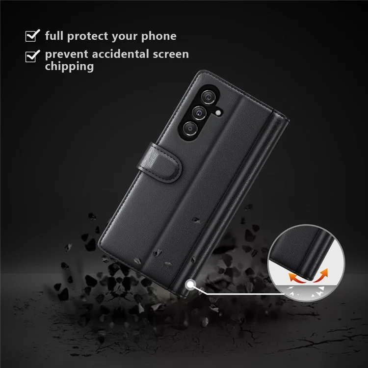 Для Samsung Galaxy F34 5G / M34 5G Genuine Split Leather Cover Wallet Stand Shell Shockproof Phone Case - Чёрный