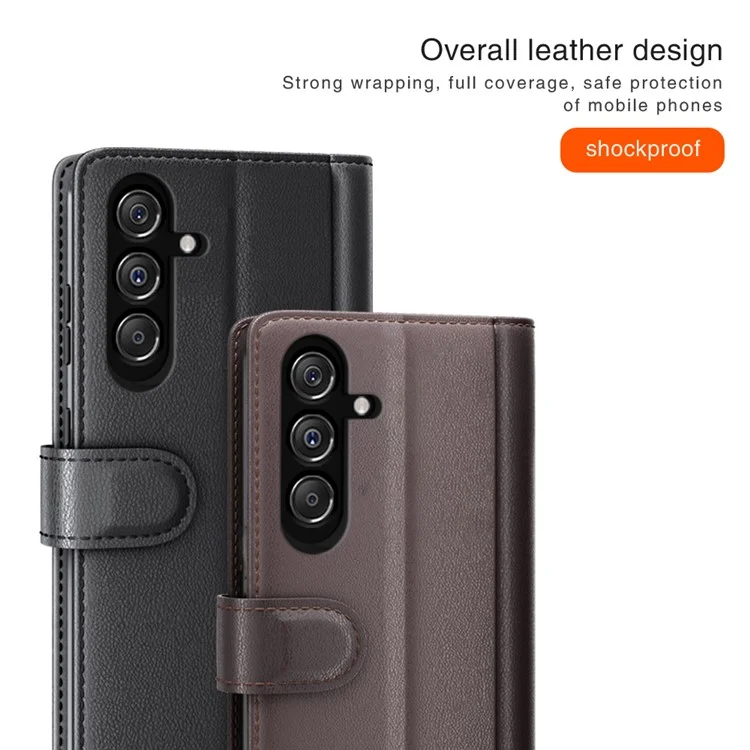 Для Samsung Galaxy F34 5G / M34 5G Genuine Split Leather Cover Wallet Stand Shell Shockproof Phone Case - Чёрный