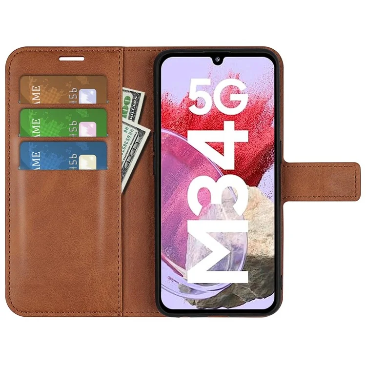 Pour Samsung Galaxy F34 5G / M34 5G Calf Texture Wallet Stand Cell Phone Cover Magnetic Closure PU Leather Case - Light Brown