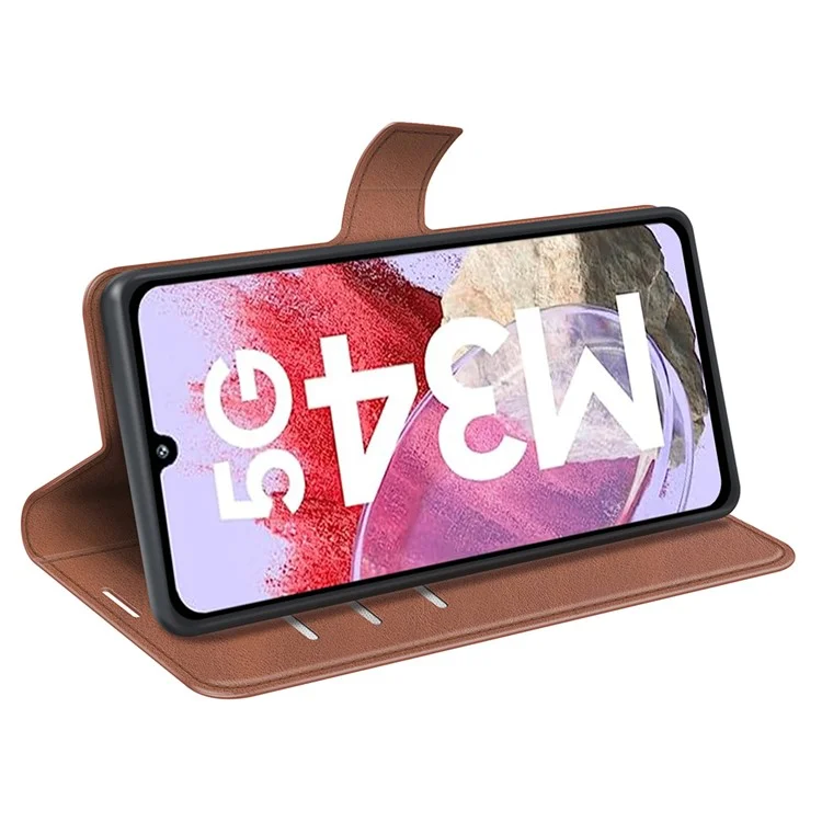 Pour Samsung Galaxy F34 5G / M34 5G Calf Texture Wallet Stand Cell Phone Cover Magnetic Closure PU Leather Case - Light Brown
