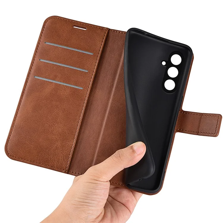 Pour Samsung Galaxy F34 5G / M34 5G Calf Texture Wallet Stand Cell Phone Cover Magnetic Closure PU Leather Case - Light Brown