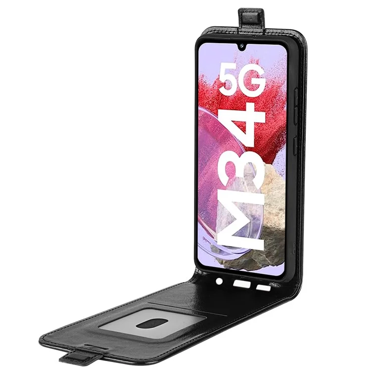 Für Samsung Galaxy F34 5G / M34 5G Vertikale Klapptasche Lederfall Kartenhalter Crazy Horse Textur Abdeckung - Schwarz