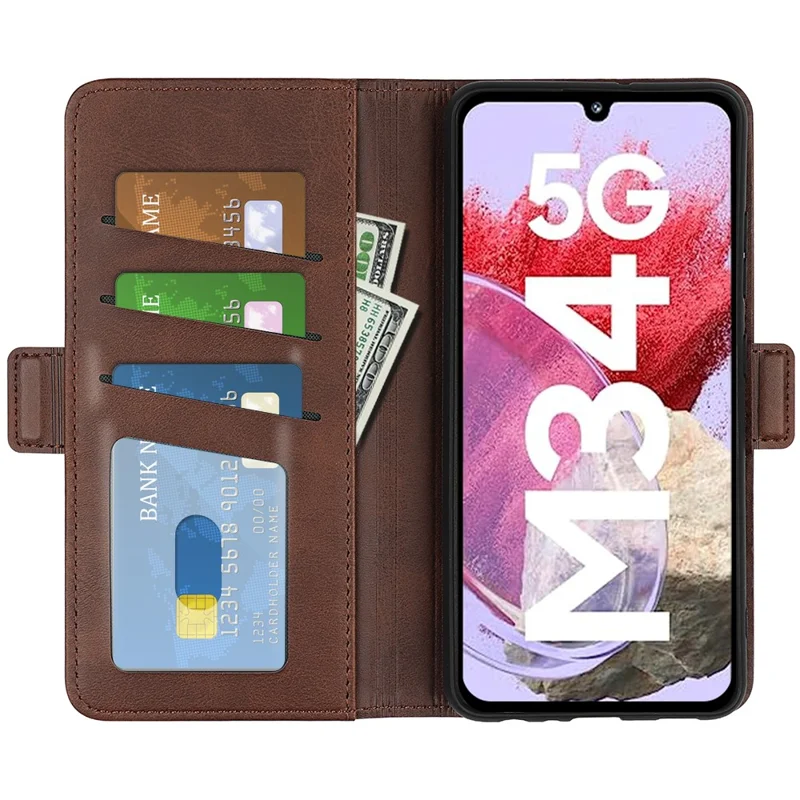 Cover per telefono con texture vitello per Samsung Galaxy F34 5G / M34 5G, supporto integrato, portafoglio in pelle - Marrone