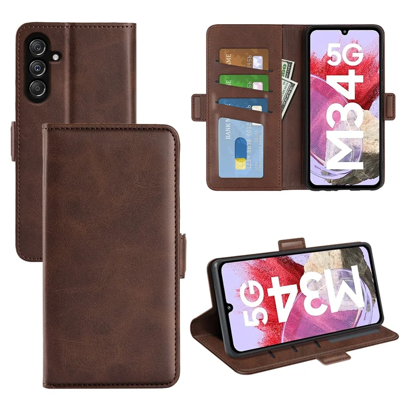 Cover per telefono con texture vitello per Samsung Galaxy F34 5G / M34 5G, supporto integrato, portafoglio in pelle - Marrone