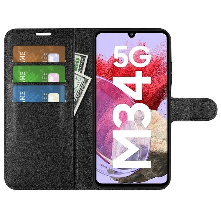 For Samsung Galaxy F34 5G / M34 5G Phone Case Anti-Scratch Stand PU Leather Wallet Litchi Texture Protective Cover - Black