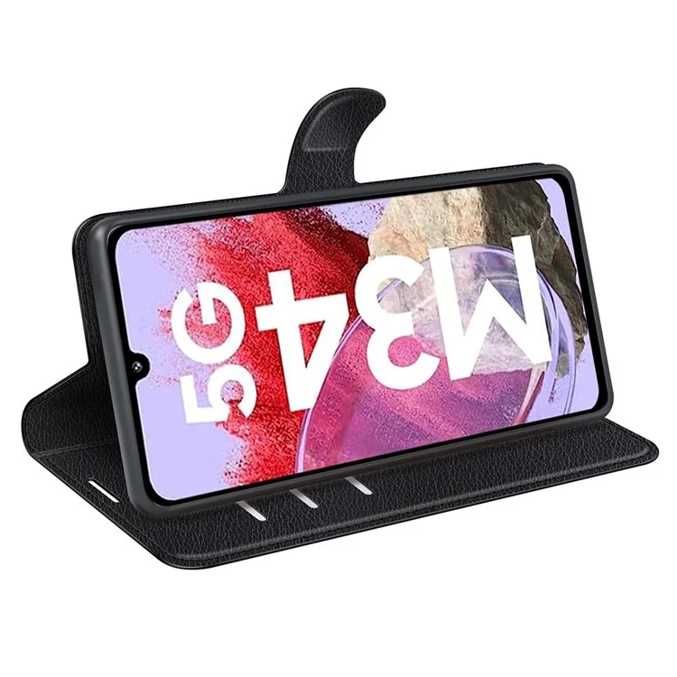 For Samsung Galaxy F34 5G / M34 5G Phone Case Anti-Scratch Stand PU Leather Wallet Litchi Texture Protective Cover - Black