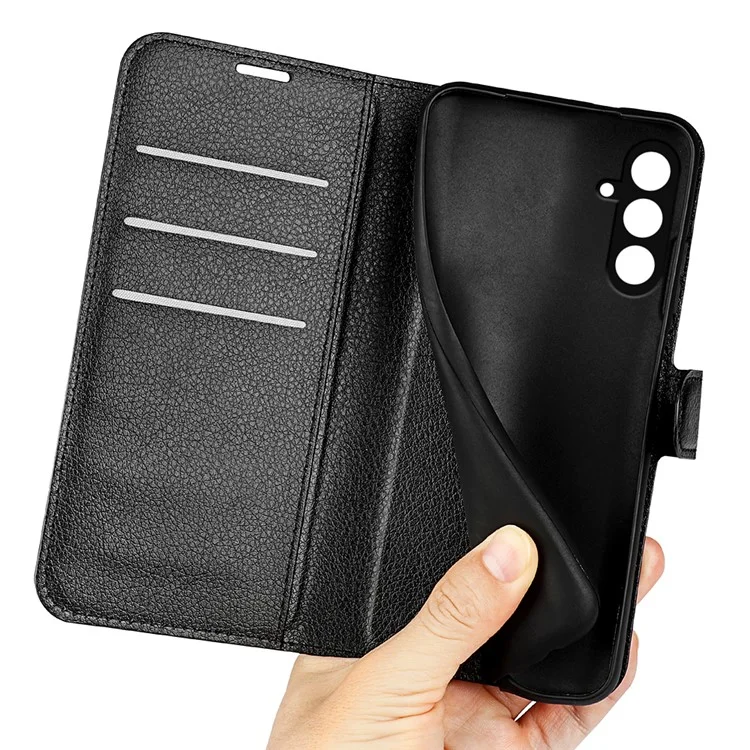 For Samsung Galaxy F34 5G / M34 5G Phone Case Anti-Scratch Stand PU Leather Wallet Litchi Texture Protective Cover - Black