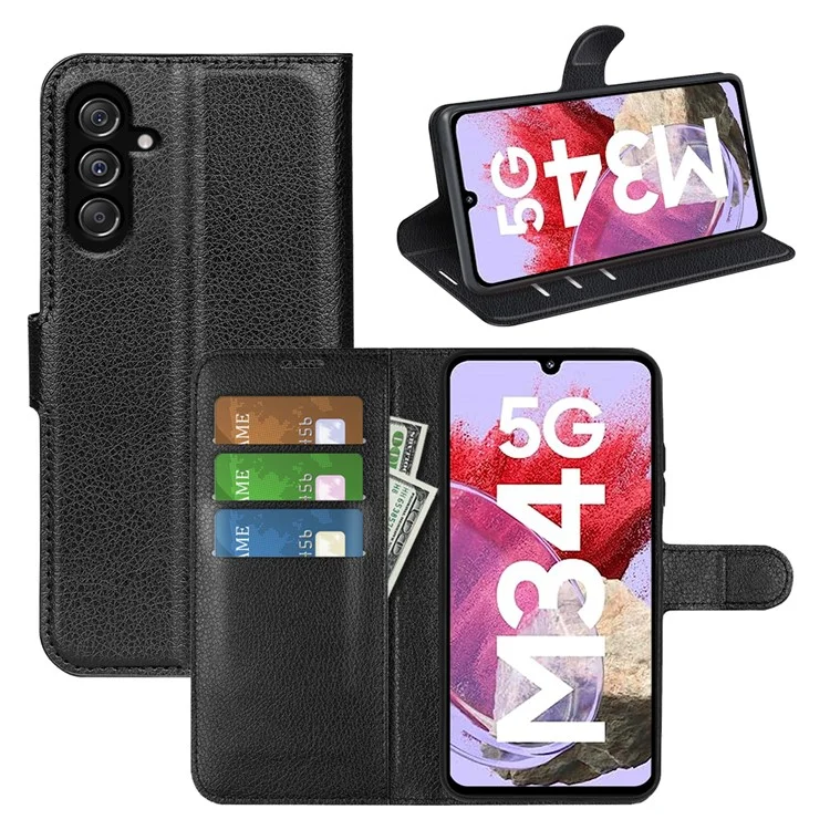 For Samsung Galaxy F34 5G / M34 5G Phone Case Anti-Scratch Stand PU Leather Wallet Litchi Texture Protective Cover - Black