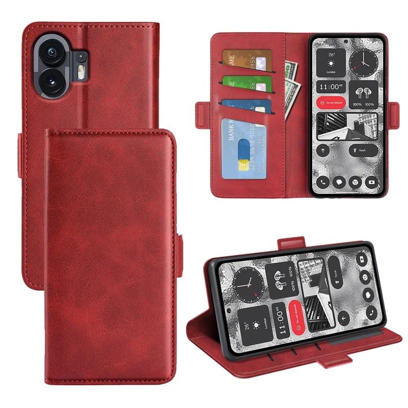 For Nothing Phone (2) Shockproof Calf Texture Phone Stand Case Wallet PU Leather Cell Phone Cover - Red