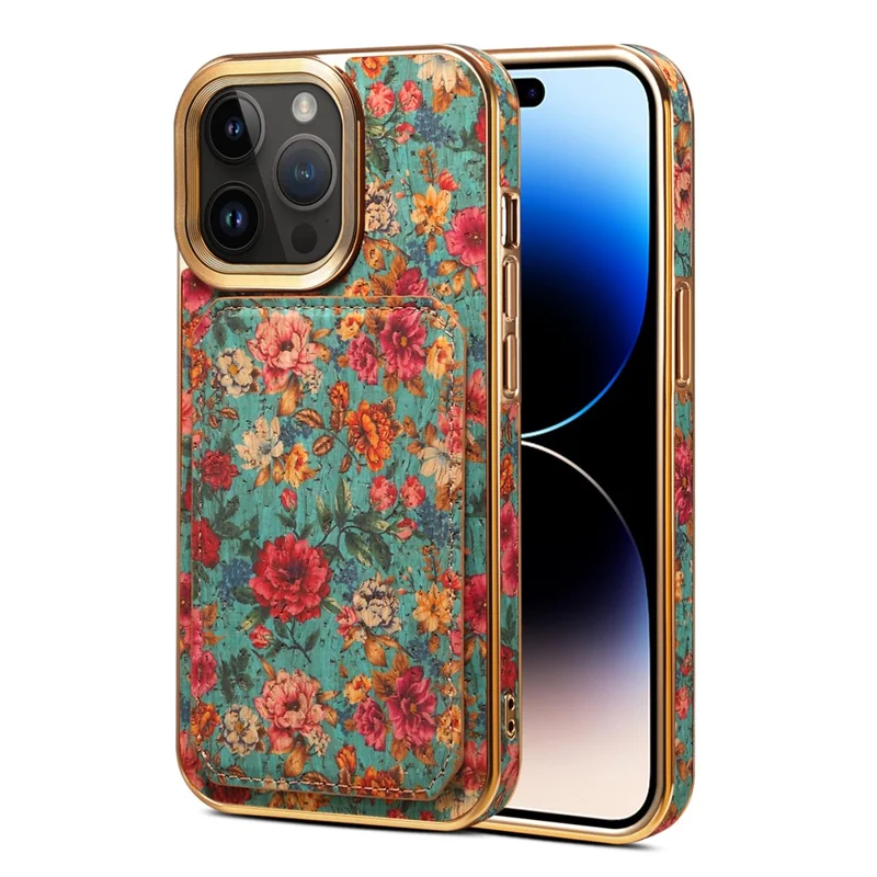 For iPhone 15 Pro Max Card Slots Kickstand Phone Case PU Leather Coated PC+TPU Flower Pattern Printed Cover - Blue