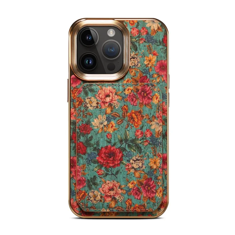 For iPhone 15 Pro Max Card Slots Kickstand Phone Case PU Leather Coated PC+TPU Flower Pattern Printed Cover - Blue